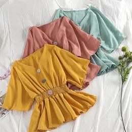 Women's Blouses Shirts Women Summer V-Neck Short Sleeve Pleated Chiffon Ruffles Basic Shirt Elegant Lady Short Elastic Slim Waist Button Blouse Tops 230808