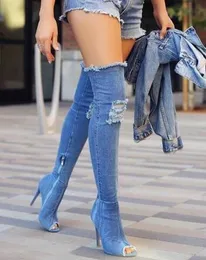 Botas Moda Feminina Botas de Salto Alto Primavera Outono Peep Toe Over The Knee Boots Tight High Stiletto Jeans Botas Cowboy Women Boots 230809