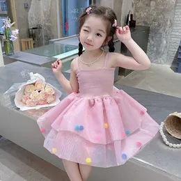 Платья для девочек Gaun Selempang Warna-warni Anak Perempuan Modis 2023 Gaun Putri Putih Manis Baru Musim Panas Gaun Kue Jaring Pink Balita Bayi 2-8T