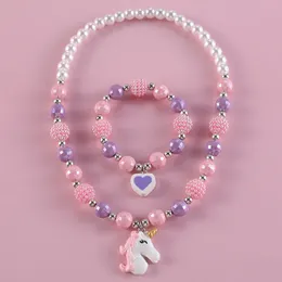 Pendant Necklaces Makersland Children Sweet Necklace Bracelet Set Cute Pendant Pink Purple Beaded Girls Necklace Beads DIY Jewelry Wholesale 230808