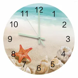 Wall Clocks Ocean Beach Starfish Shell Luminous Pointer Clock Home Ornaments Round Silent Living Room Bedroom Office Decor