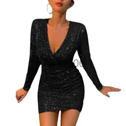 Grundläggande avslappnade klänningar Sexiga kvinnor Deep V Neck Wrap Hip Dress Glitter Sequin Splice Långärmad klänning Kvinnlig klänning Nattklubb Stage Performance Comes J2308009