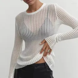 Women's Sweaters 2023 Fashion White Elegant Striped See Through Women Top Outfits Long Sleeve Casual Cozy T-Shirts Tees Skinny Club Party