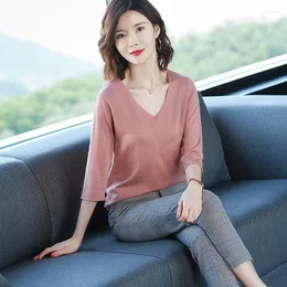 Women's Sweaters 2023 Spring And Autumn V-neck Top Sweater Pullover Loose Seven Point Sleeve Thin Style With Wool Bottomed In