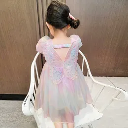 Vestidos de menina Gaun Sayap Kupu-kupu Lengan Puff Pelangi Anak Perempuan Musim Panas Gaun Putri Anak-anak Gaun Kasa Warna-warni Lembut dan Nyaman