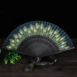 Çin tarzı ürünler vintage tavus kuşu desen katlanır fan bambu shank klasik dans fan tavus kuşu tüy püskül parti düğün el sanatları ev dekor r230810