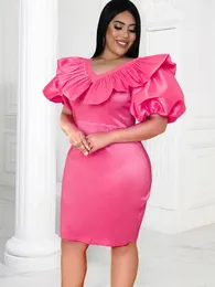 Plus Size Dresses Puff Sleeves For Women Rose Sheath V Neck High Waist Pencil Knee-Length Celebrate Birthday Wedding Guest Gowns