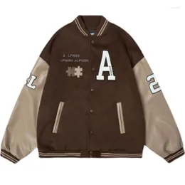 Herrjackor vintage brun varsity män flockade brev broderi läder ärm basebolljacka hiphop street överdimensionerad kappa unisex