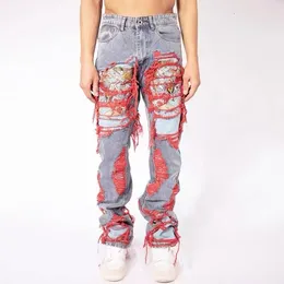 Mens Jeans High Street Hip Hop Destroy Brushed Embroidered Baggy Casual Straight Leg Denim Pants Man Women 230810