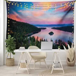 Tapestries Nature Tapestry Mountain Lake and Colorful Flowers Blossom Pine Trees Lakeside View Wall Hanging for Bedroom Living Room Dorm