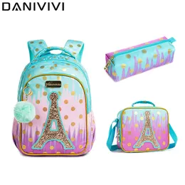 School Bags 3 IN 1 for Girls Backpack Kids Backpacks Teenagers Sequin Tower Kawaii with Lunch Bag 230810