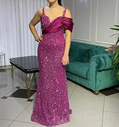 2023 August Aso Ebi Mermaid Fuchsia Prom Dress Crystals Sequined Lace Evening Formal Party Second Reception Birthday Engagement Gowns Dresses Robe De Soiree ZJ786