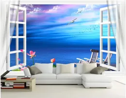 Papéis de parede papel de parede mural personalizado 3d azul mar praia cadeira de praia flor de lótus paisagem decoração de casa po na sala de estar