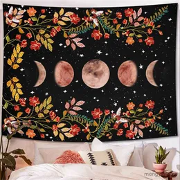 Tapisseries Moon Tapestry Wall Hanging Boho Moonlit Plants Garden Tapestry Starry Night Carpet Black Bakgrund Floral Tapestry Decor R230810