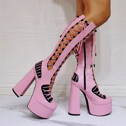 Boots RIBETRINI Pink Punk Style Round Toe Plaform High Heels Cutout Summer Knee High Boots Zipper Brand Designer Fashion Shoes Boots 230809