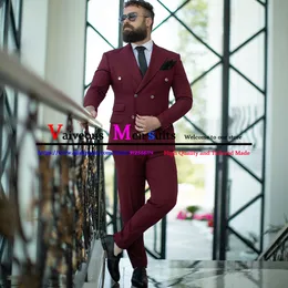 Мужские костюмы Blazers Элегантные костюмы для мужчин Burgundy Business Male Blazer Set Sets Graved Groomsmen Wedding Tuxedo 2 Piece Terno Noivo Casamento 230809