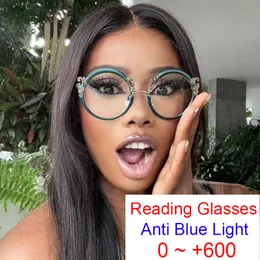 Czytanie okularów unikalne zielone metalowe okrągłe okulary okulary rama grawerowane okulary dla kobiet niebieskie światło blokujące szklanki 0 ~ 600 230809
