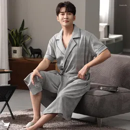 Men's Sleepwear 2023 Summer Plus Size Short Sleeve Cotton Robes For Men Korean Casual Plaid Bathrobe Male Homewear Lounge Home Clothes