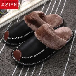 Slippers ASIFN men's winter cotton fur slider PU leather home women's mule flap suitable for anti-skid men's indoor comfortable memory foam slider Z230810