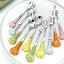 Servis uppsättningar keramiskt handtag rostfritt stål gaffel sked kreativt skalformat set godisfärg köksboror