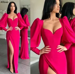 Fuchsia Elegant Puff Long Sleeves Evening Dresses Arabic Aso Ebi Simple Women Formal Occasion Party Gowns Floor Length Sexy Split Side Secong Reception Dress CL2697