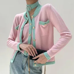 Women's Knits 2023 Autumn Elegant Pink Fashion Long Sleeve 4 Pocket Knitted Cardigans Sweater Backless Slim Tank Vest Tops Runway Luxury