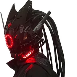 Máscaras de festa Máscara Cyberpunk Iluminação vermelha LED com cabelo Festival de música Fantástico Cosplay SCI-FI Soldado Capacete Festa de Halloween Presente para adultos 230809