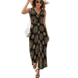 Casual Dresses Retro Böhmen Dress Trippy Mandala Print Elegant Maxi High midja estetik Boho Beach Long V Neck Graphic Vestido