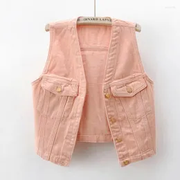 Women's Vests Korean Fashion Summer Thin V Neck Pocket Denim Vest Women Waistcoat Cowboy Sleeveless Jacket Slim Short Pink Jeans Female