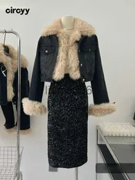 Kvinnorjackor Circyy Jacket Kvinnor Faux Fur Coat 2023 Autumn Winter Ny svart skarvad långärmad fickfickor Vintage Casual denim Cropped Coats J230810