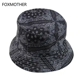 Шляпа шляпы с широкими кражами ковша шляпы Foxmother New Vintage Hip Hop Paisley Bucket Hats Black Navy Capeau Femme Caps Gorro Bucket Mens Hkd230810