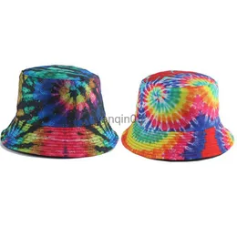 Szerokie grzbiet czapki wiadra czapki Summer Fisherman Hat Odwracalne czapki harajuku wiadra dla kobiet mężczyzn street Hip Hop Cap Rainbow Tied Dye Printed Fishing Hat HKD230810