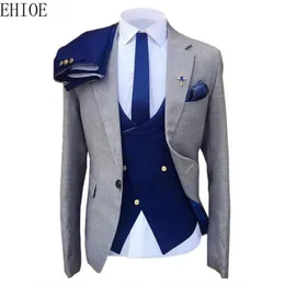 Mäns kostymer blazrar 2023 modedräkt för man grå blazer marinblå väst och byxor brud brudgum tuxedo kostymstorlek traje de novia 230809