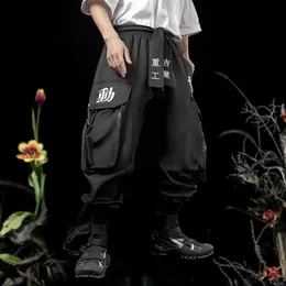 Mens Pants Kanji Zip Pockets Oversized Techwear Cargo Long Ribbons Streetwear Harajuku Hip Hop Black Joggers Trousers Unisex 230809