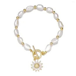 Strand Originality Natural Baroque Freshwater Pearl Ladies Zircon Sunflower Pendant Bracelet Jewelry For Women Birthday Gift Sell
