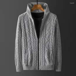 Herrjackor märke Cotton Twisted Knit Cardigan Sweaters Zip Up Slim Fit Jacket Men Casual Sticked Coat med hoodie fickor xxxxl