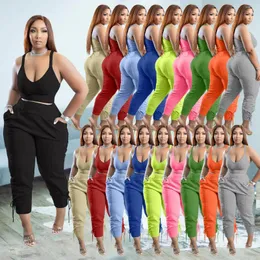 Women's Two Piece Pants European And American Fashion Sexy Camisole V-neck Solid Color Trousers Casual Two-piece Suit