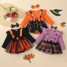 Cosplay FocusNorm 2pcs Baby Girls Cute Halloween Romper Dress Hairband 0 24m Long Sleeve Pumpkin Platwork Bow Lace Bemsuit 230810