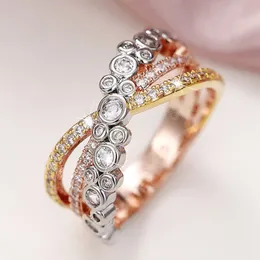 Luxury Three-Tone Design Women's Wedding Rings Inlaid Bling White CZ Fancy Cross Finger Rings Special-interested Jewelry