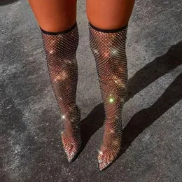 Boots Sexy Women Shoes Over The Knee Thigh High Botas Pointed Pumps Heels Female Crystal Fishnet Mesh Nightclub 230809