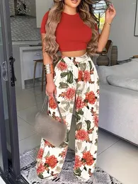 Women's Hoodies Boho Summer Two Pieces Set Cropped Solid Short Sleeve T-shirt & Hih Waist Floral Print Wide Le Pants Outfits