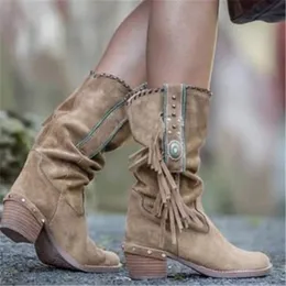Buty kobiety bohemian buty etniczne frędzle frędzle faux zamsz skóra skórzana w połowie pół zima buty kwadratowe buty na pięcie plus size 230809
