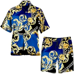 Tracce maschili da uomo Luxury Golden Floral Stampa da uomo Set hawaiano camicia a traino a manica corta/pantaloncini da spiaggia/abito in stile barocco abiti estivi 230810