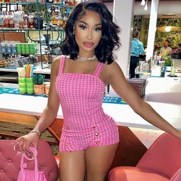 Kobiety Jumpsuits Rompers Hlj różowy druk Bodycon Rompers Kobiety Pasek Slim Slim Mini Jumpsuits Sexy Female Party Club Gingis Ubranie 230809