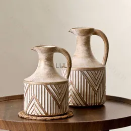 Retro Old Single Ear Pot Ceramic Vase American Stripe Relief Dried Flower Milk Jug Vase Accessories Living Room Decoration HKD230823