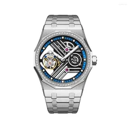 Armbandsur Aesop Flying Tourbillon Mechanical Skeleton Watches Män Vattentät armbandsur Sapphire Mirror Rostfritt stål Octagon Watch