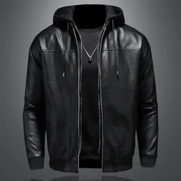 Men's Jackets High Quality Men's Leather Jackets Hoodie Thick Inner Zipper Fake Two Pieces Long Sleeve Hat Detachable Elastic Motorcycle Coat 230809