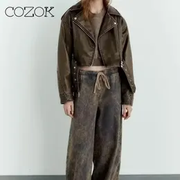 Womens Jackets Cozok Washed Leather Belt Jacket Kvinnor Lossa Sashes Casual Biker Outwear Female Tops BF Style Coat 230809