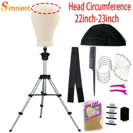 Perkstativ 22/23''Training Mannequin Head Canvas Head för peruker som gör perukhårborste med T Pin Wig Install Kit justerbar stativ Wig Stand 230809