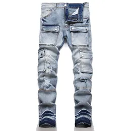 Stretch Blue Men's Hip Hop Biker Wear Multi-Pocket Stitching Skinny Jeans Spring Autumn Ripped Holes Slim Denim Pants